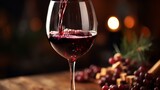 b'Red wine glass with grapes and pine cones on a wooden table'