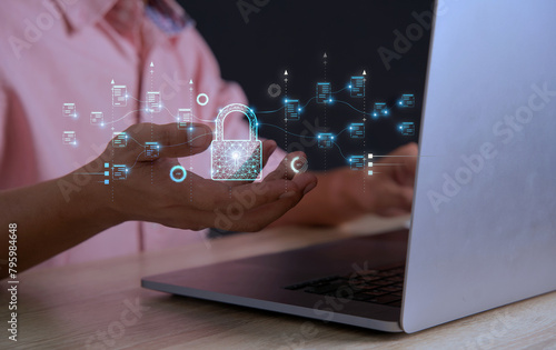 Cyber security and privacy concept to protect data, lock icon and internet network security technology, businessman protects personal data on smartphone and virtual interface