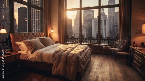 b'A bedroom with a view of the city'