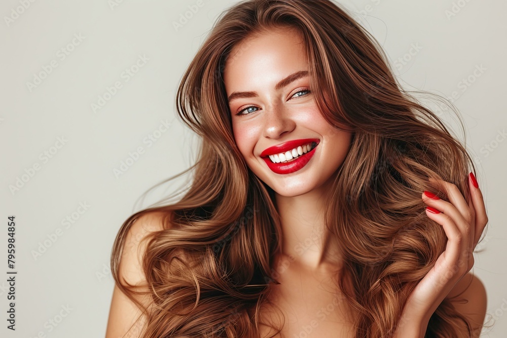 b'Beautiful young smiling woman with long brown hair and red lipstick' b'Beautiful young smiling woman with long brown hair and red lipstick'