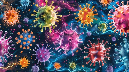 Multi-colored virus germs indicate the condition of the body being infected with disease.