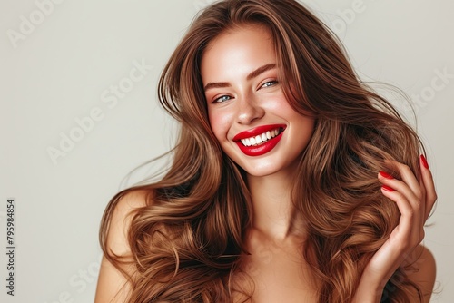 b'Beautiful young smiling woman with long brown hair and red lipstick'