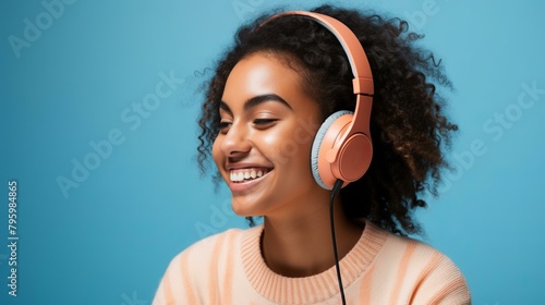 b'Smiling woman listening to music with headphones' photo