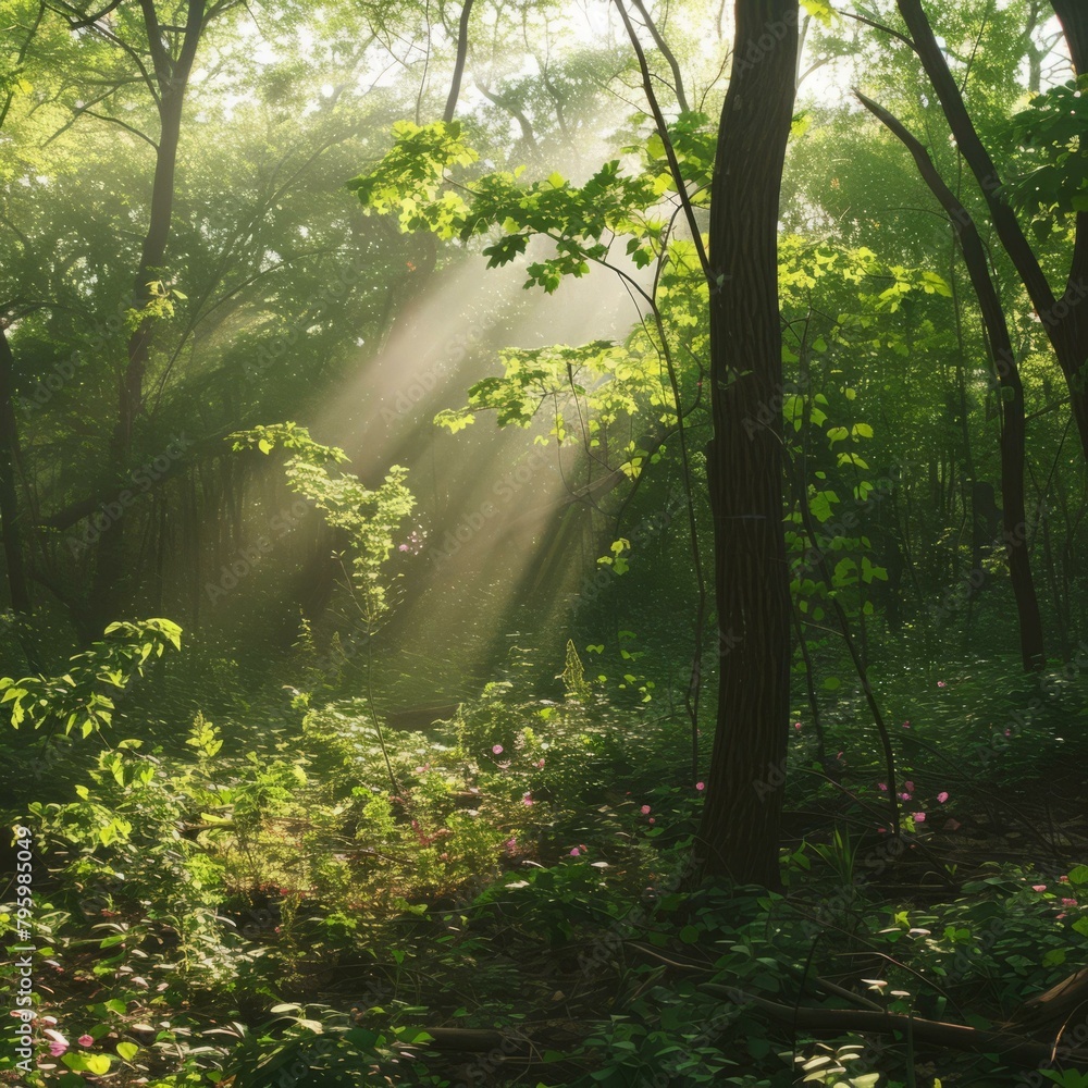 Obraz premium b'The sun shines through the trees in the forest'