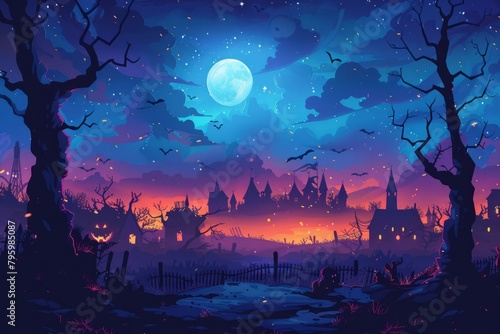 b Halloween night spooky haunted village illustration 