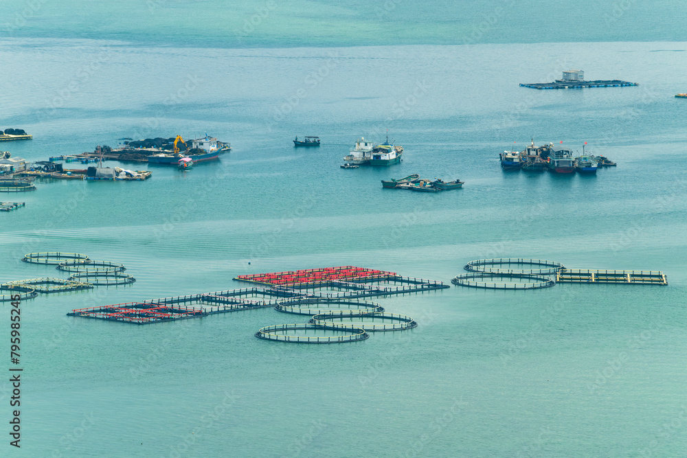 Naklejka premium The spectacular fishing raft in Danjia fishing village in Lingshui, Hainan, China.