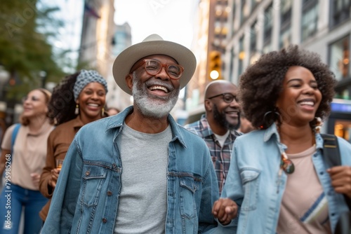 Cheerful african american man with friends walking in the city © Chacmool
