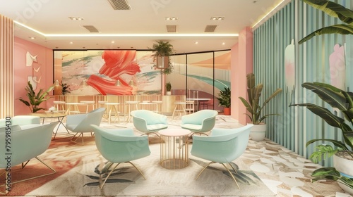 Chic hotel workspace design  integrating mint chairs with pastel walls for a refreshing and inspiring environment
