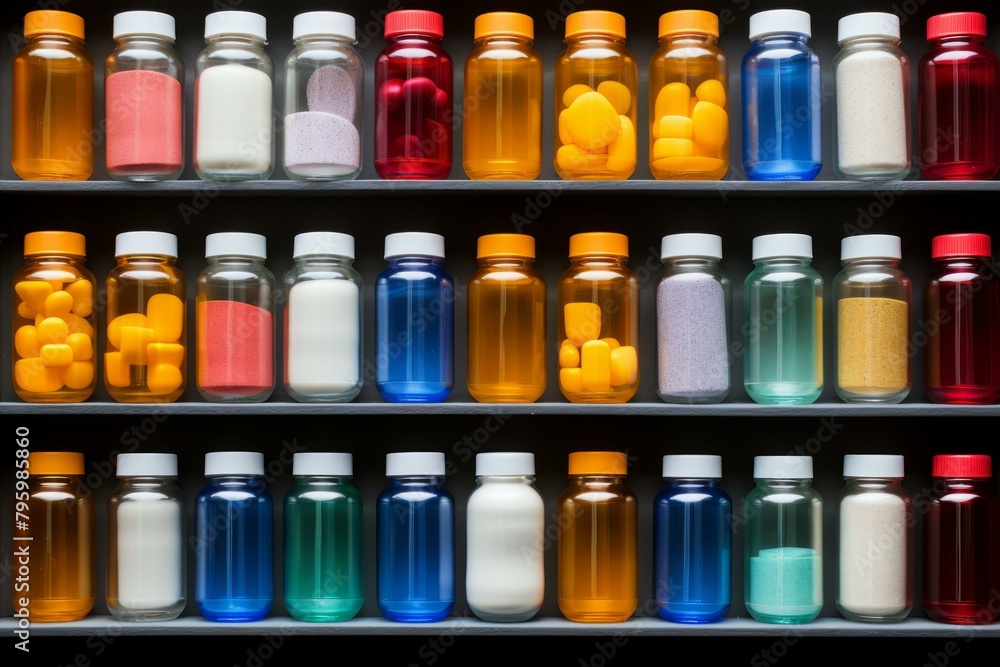 b'Colorful bottles of pills and powders arranged on shelves.' b'Colorful bottles of pills and powders arranged on shelves.'