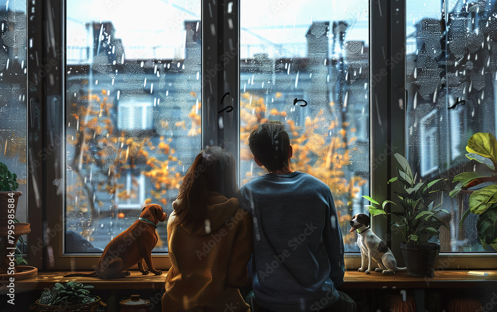 Fototapeta premium A couple looking outside the window raining. Painting romantic couple together