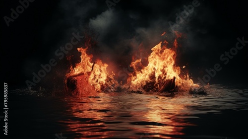 b'Two large bonfires burn on the surface of a dark lake'