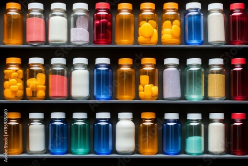 b'Colorful bottles of pills and powders arranged on shelves.'
