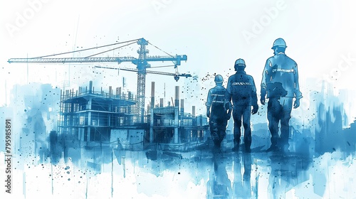 Several construction engineers are in a meeting holding construction drawings at a construction site with many machines. 