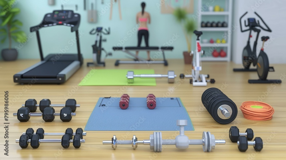 b'A variety of fitness equipment is neatly arranged in the home gym. A woman in sportswear is working out in the background.'