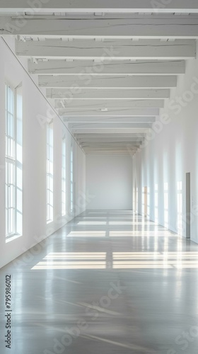 b Large empty white room with large windows on one side 