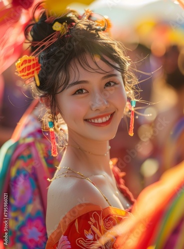 Portrait of a beautiful smiling Chinese woman in traditional clothing