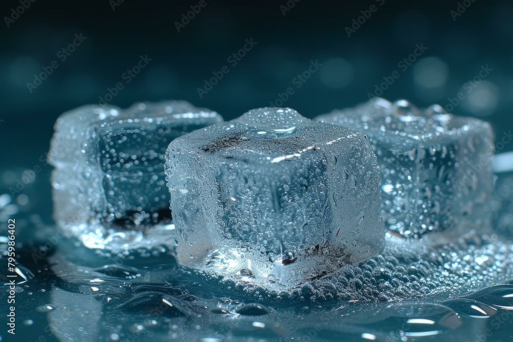 b'Three ice cubes melting on a blue surface'