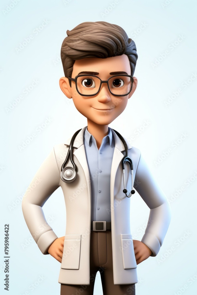 b'3D rendering of a male doctor wearing a lab coat and stethoscope' b'3D rendering of a male doctor wearing a lab coat and stethoscope'