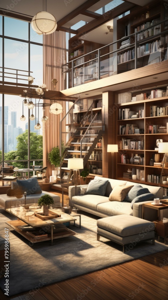 b'Modern luxury living room interior design with large windows and a library'