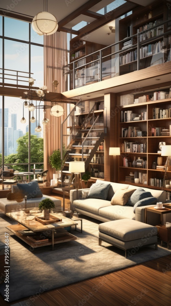 b'Modern luxury living room interior design with large windows and a library' b'Modern luxury living room interior design with large windows and a library'