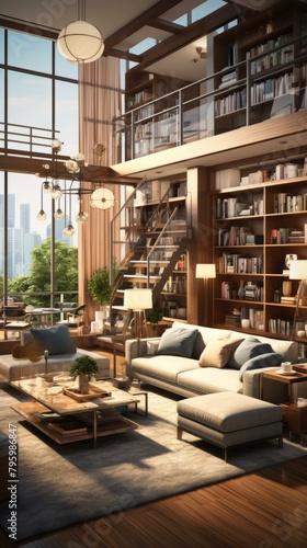 b'Modern luxury living room interior design with large windows and a library'