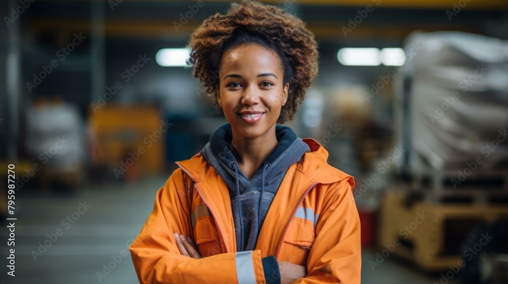 Fototapeta premium b'Portrait of a smiling young African American woman in an orange jumpsuit standing in a warehouse with her arms crossed.'