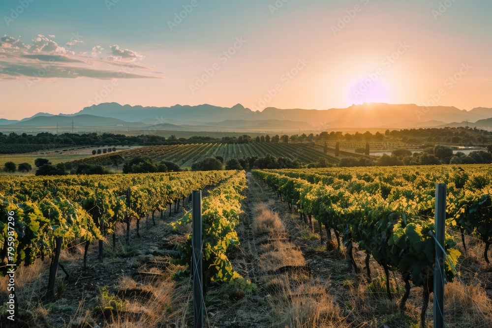 Fototapeta premium Vineyard During Golden Hour, With Rows of Grapevines Bathed in Soft Golden Light And Distant Mountains Visible on The Horizon, Generative AI