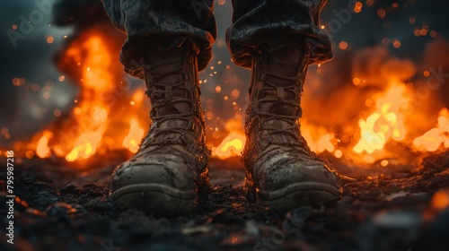 Close up of soldier boots with fire explosion in background. photo