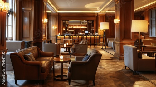 Cozy hotel lounge with bespoke wooden furniture, soft leather sofas, and designer floor lamps for a warm ambiance