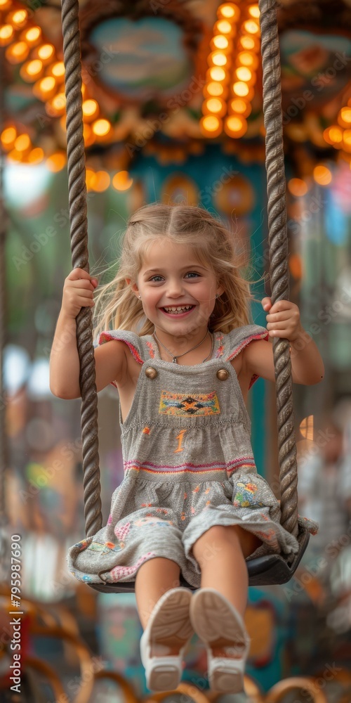 b'Little girl having fun at the amusement park' b'Little girl having fun at the amusement park'