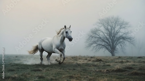 White Arabian horse galloping in foggy field at sunrise 