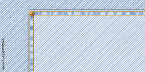 Denim blue jean light wash textile pattern background with gold seams, crease and brass pins frame vector illustration.
