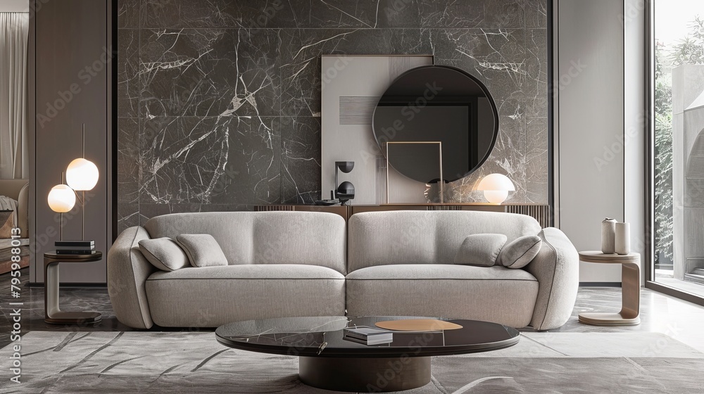 Naklejka premium Elegant three-seater sofa, fusion of sleek modern lines and classic upholstery, ideal for a sophisticated living room