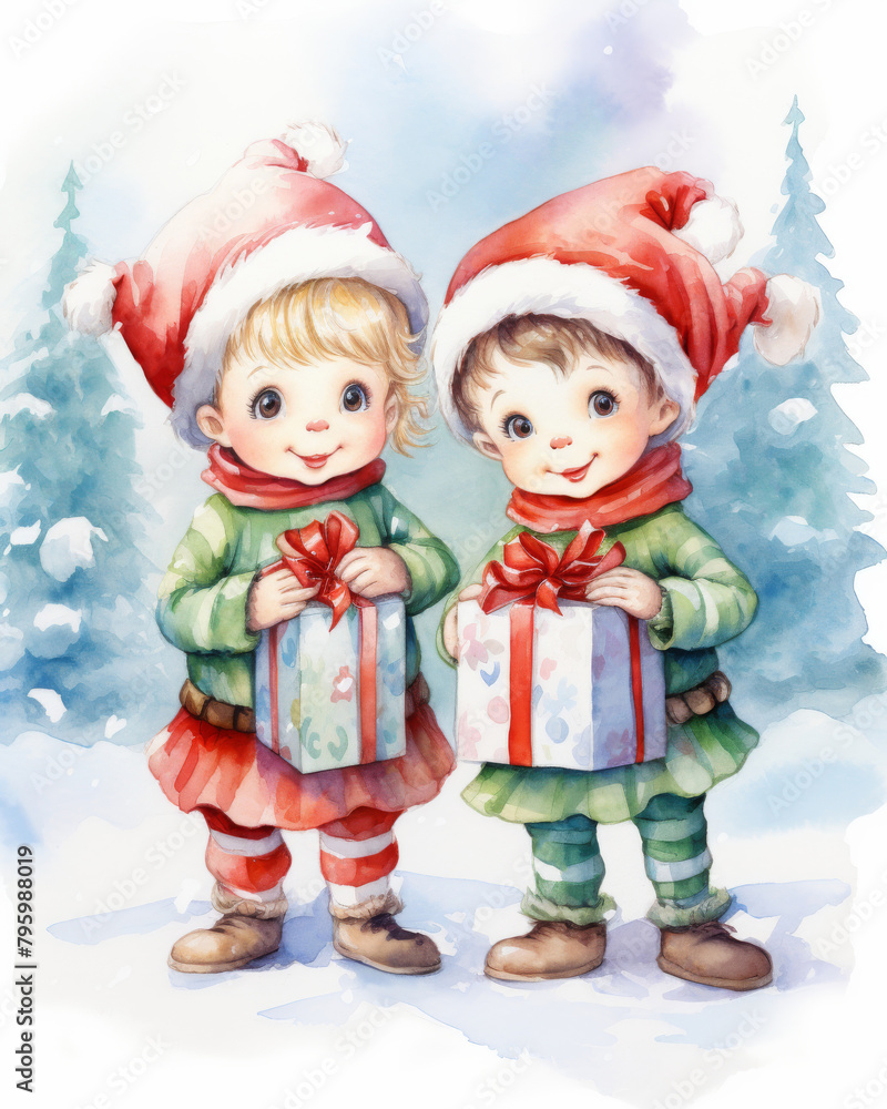 Two joyful kids in elf costume hold Christmas gifts, evoking the innocence and excitement of the holiday season in a watercolor painting. Two joyful kids in elf costume hold Christmas gifts, evoking the innocence and excitement of the holiday season in a watercolor painting.