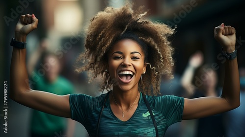 b'Ecstatic black female runner celebrating her victory in a marathon'