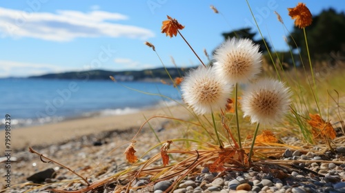 b Close-up of white and brown plants growing on a rocky beach with the ocean in the background 