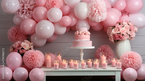 b'Pink and white birthday party decoration with a cake, candles, flowers and balloons' photo
