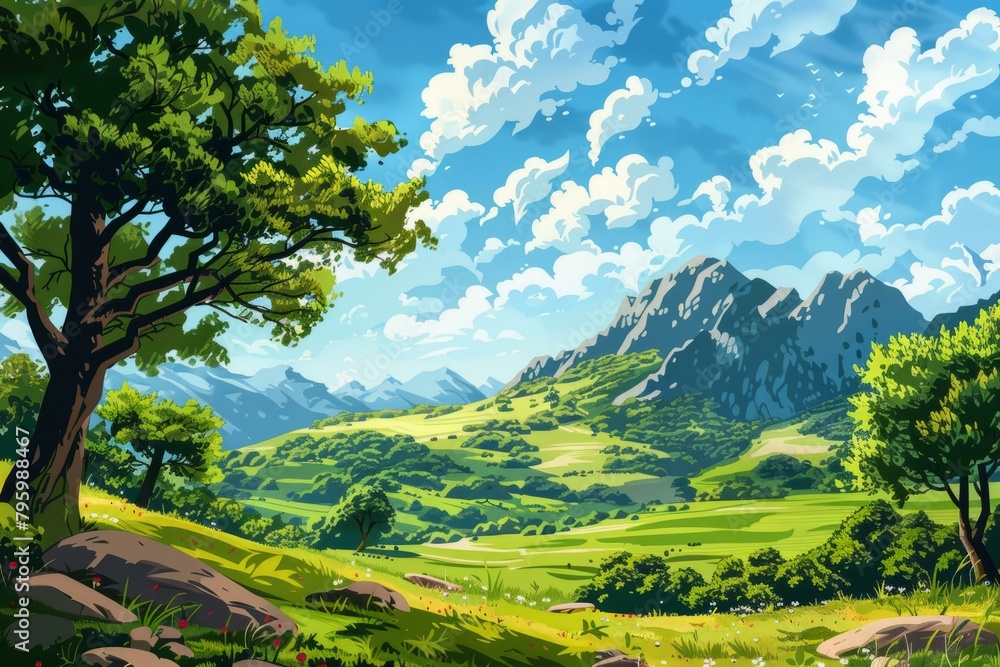 Fototapeta premium b'fantasy landscape with mountains and trees'