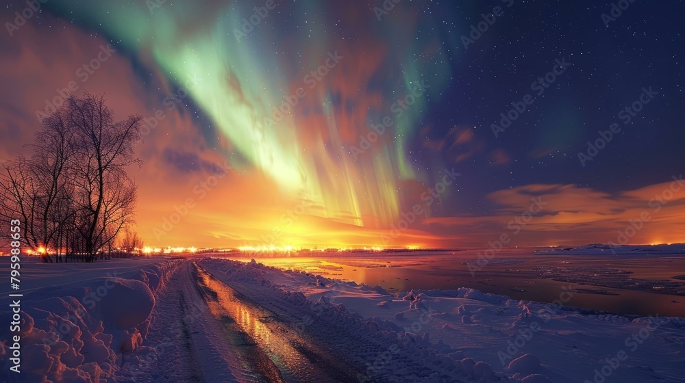 b'Aurora borealis in the night sky over a snowy landscape' b'Aurora borealis in the night sky over a snowy landscape'