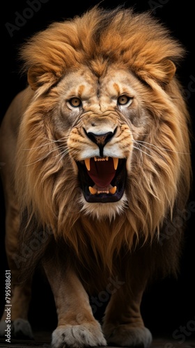 b Close-up of a male lion roaring with a black background 