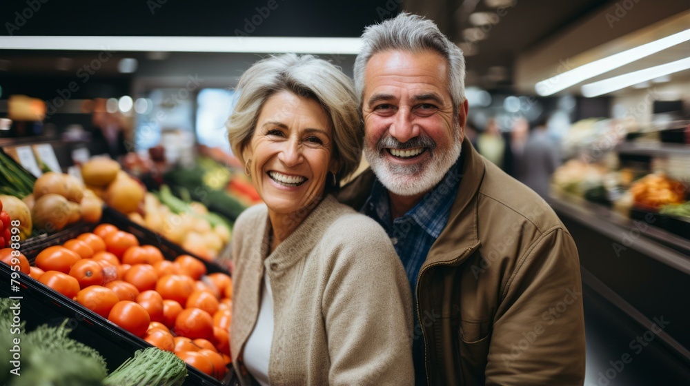 b'Happy senior couple grocery shopping together' b'Happy senior couple grocery shopping together'