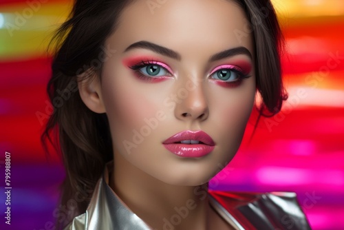 b'A young woman with pink eyeshadow and glossy lips'