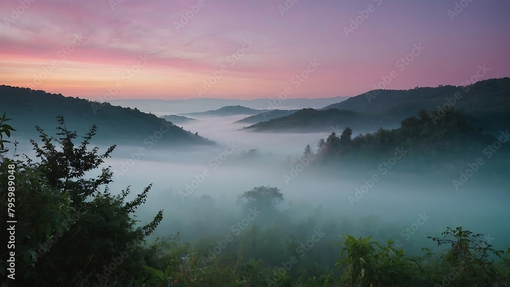 Panoramic aerial view of foggy spring sunrise in the mountains