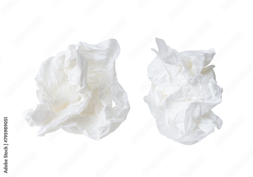 Top view set of screwed or crumpled tissue paper balls after use in toilet or restroom isolated with clipping path in png file format Top view set of screwed or crumpled tissue paper balls after use in toilet or restroom isolated with clipping path in png file format