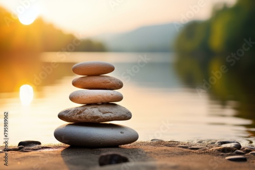 b Stack of stones on the beach with blurred background of river and sunset 