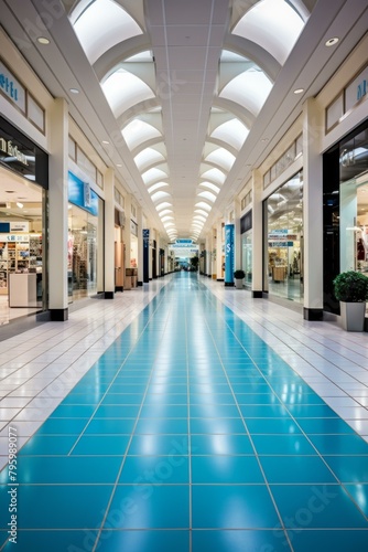 b'An empty shopping mall with blue tiled floor' photo