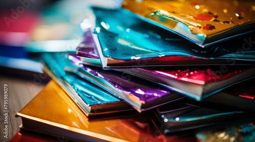 b'A stack of colorful books with shiny covers'