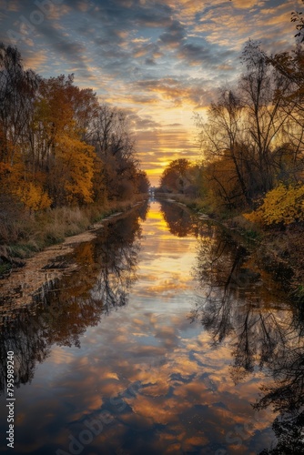 Tranquil River Winding Through a Golden-Hued Forest During Sunset  With Reflections of Trees And Clouds Shimmering on The Water s Surface  Generative AI