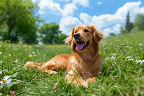 b'A golden retriever dog is lying in a green field of grass and flowers on a sunny day'
