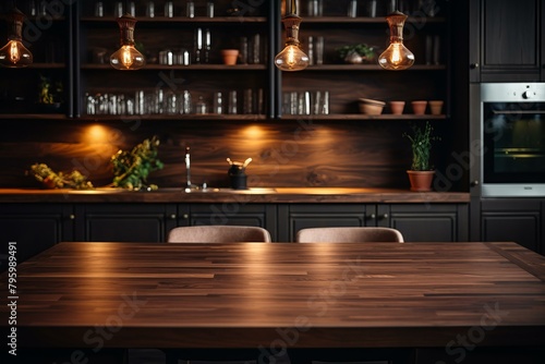 b'Rustic Kitchen Interior Design With Wooden Table And Dark Cabinets'